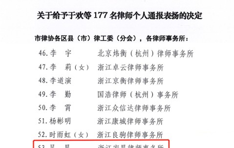 宏昊荣誉｜合伙人吴昊、王超律师分别荣获杭州市律协通报表扬、杭州市律协年度个人嘉奖